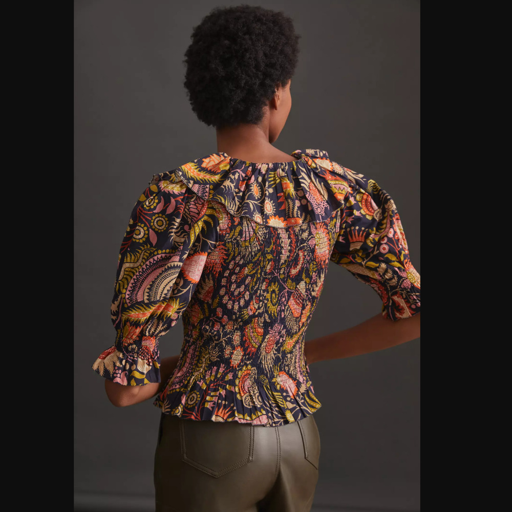 EUC Anthropologie Vibrant Printed Smocked Blouse - Size Large - Picture 3 of 4